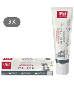 Splat WHITE PLUS zobna pasta 3×100 ml – nežno beljenje, zaščita občutljivih zob, PVP in encimi, fluorid