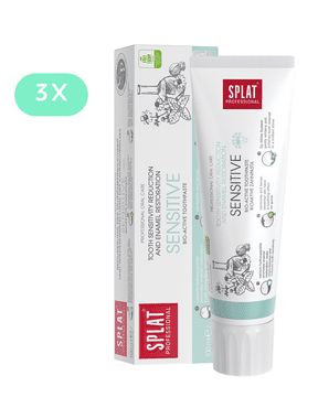 Splat SENSITIVE zobna pasta 3×100 ml – za občutljive zobe, obnovo sklenine, kalcijev hidroksiapatit, brez fluorida