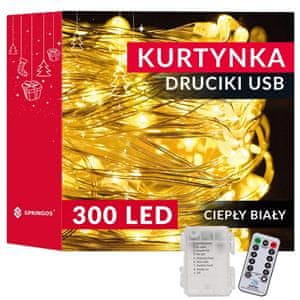 Springos novoletna zavesa 300 LED toplo bela 8 funkcij, na baterije 3x3m