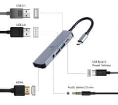 Gembird A-CM-COMBO5-02 USB Type-C 5-v-1 večportni adapter Hub 3.1 + HDMI + PD + stereo audio