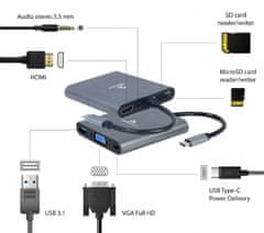Gembird A-CM-COMBO6-01 USB Type-C 6-v-1 večportni adapter (Hub3.1 + HDMI + VGA + PD + card reader + stereo audio)