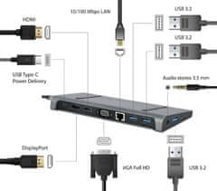 Gembird A-CM-COMBO9-02 priklopna postaja USB tipa C 9 v 1 (Hub3.2 + HDMI + DisplayPort + VGA + PD + LAN + stereo zvok)