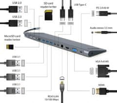 Gembird A-CM-COMBO9-01 priklopna postaja USB tipa C 9 v 1 (USB vozlišče + HDMI + VGA + PD + bralnik kartic + LAN + 3,5 mm zvok)