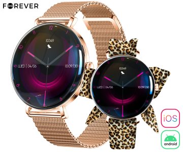 Forever Lucca SB-370 pametna ura, AMOLED, BT 5.3, Android + iOS, klicanje, IP68 + leopard pašček, roza zlata (Rose Gold)