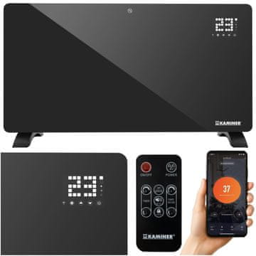 Kaminer 2500W WIFI pametni stekleni električni konvektorski grelec LCD + APP in daljinec črn