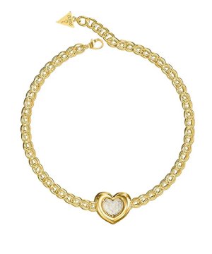 Guess Pozlačena ogrlica Srce s kristali LOVE JUBN05455JWYGT/U