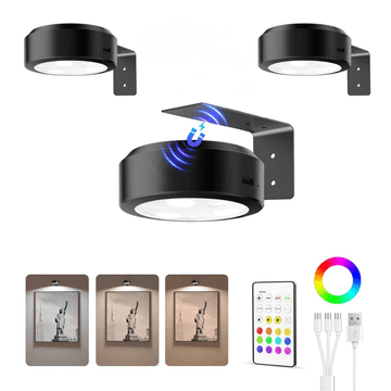 Netscroll Magnetne LED svetilke, LED stenske lučke za slike z 12 RGB barvami, nastavljivo svetilnostjo in daljincem, USB polnjenje, 2 kos, GalleryGlow