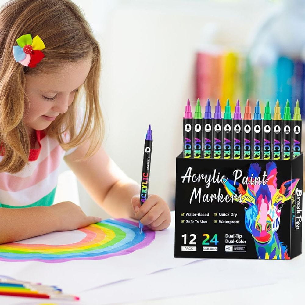 Netscroll Akrilni markerji z dvojno konico, 24 živih barv (12 markerjev), za kamen, platno, les, steklo, tkanine in ustvarjanje, žive barve, odlično kritje, vodoodporni, DuoMarkers