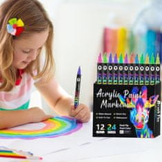 Netscroll Akrilni markerji z dvojno konico, 24 živih barv (12 markerjev), za kamen, platno, les, steklo, tkanine in ustvarjanje, žive barve, odlično kritje, vodoodporni, DuoMarkers
