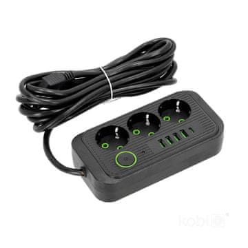 shumee Podaljšek 3 vtičnice + 4xUSB + USB-C 5m z ozemljitvenim kablom 3x1,5 črne barve