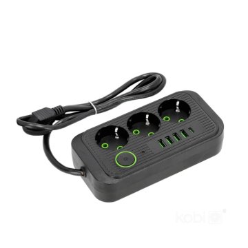 shumee Podaljšek 3 vtičnice + 4xUSB + USB-C 1,5 m z ozemljitvenim kablom 3x1,5 črne barve