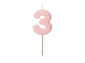 PartyDeco Rojstnodnevna svečka številka 3, svetlo roza, 5,5 cm (1 karton / 24 kosov)