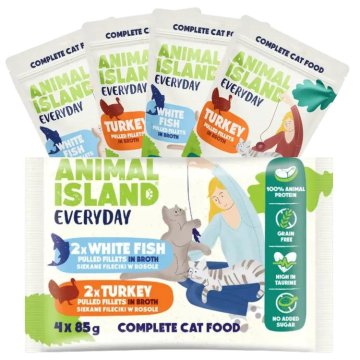 shumee ANIMAL ISLAND Mokra hrana za mačke s filejem purana/bele ribe 4x85g