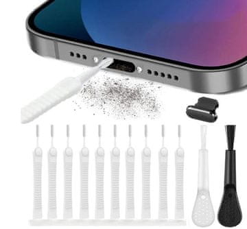 Camerazar Kompletna garnitura za čiščenje mobilnega telefona, 13 orodij, vključno s ščetkami in pokrovčkom za polnilni priključek, visoko kakovostni materiali