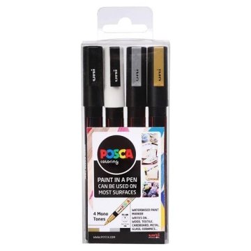 POSCA Komplet akrilnih označevalcev 0,9-1,3 mm - črni, zlati, srebrni, beli 4 kosi
