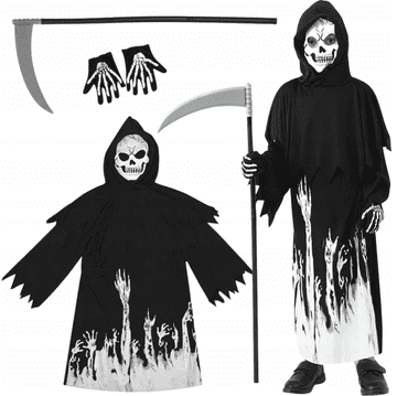 Korbi Kostum smrti – strašljiva zombie preobleka s koso in rokavicami, Halloween, velikost L