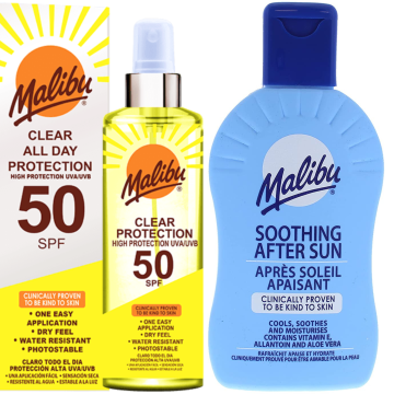 shumee Malibu brezbarvno zaščitno pršilo SPF50 250 ml + balzam po sončenju 200 ml