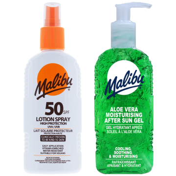 shumee Malibu SPF50 vodoodporno pršilo 200 ml + gel za po sončenju z alojo 200 ml