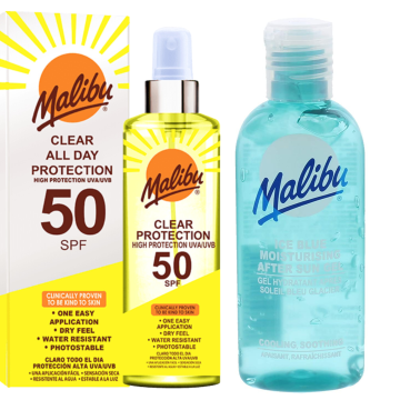 shumee Malibu brezbarvno zaščitno pršilo SPF50 250 ml + gel za po sončenju 100 ml