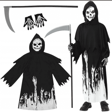 Korbi KOSTUM SMRTI – STRAŠNO PREOBLAČILO ZOMBIE, S KOSO IN ROKAVICAMI, HALLOWEEN, ŠT. S