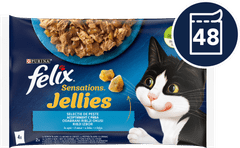 Felix Sensations mokra hrana za mačke, postrv s špinačo in losos s kozico v želeju, 48x85g