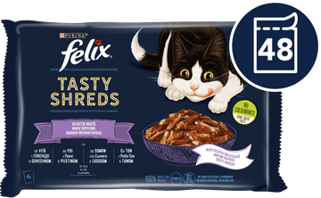 Felix Tasty Shreds mokra hrana za mačke, govedina, piščanec, losos, tuna, v omaki, 48x85g