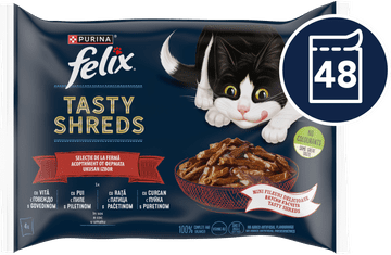 Felix Tasty Shreds mokra hrana za mačke, govedina, piščanec, raca in puran, v omaki, 48x85g