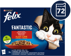 Felix Fantastic mokra hrana za mačke, govedina, piščanec, zajec in jagnjetina, v želeju 6*12x85g (72x85g)