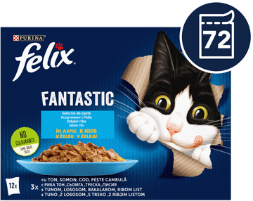 Felix Fantastic mokra hrana za mačke, tuna, losos, ribji list in trska, v želeju, 72x85g