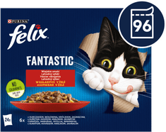 hrana za mačke Fantastic piščanec, govedina, zajec, jagnjetina v želeju, 96 x 85 g