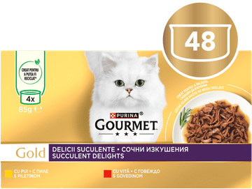 Gourmet Gold Succulent Delights hrana za muce, piščanec in govedina 12 x (4 x 85 g)