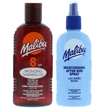 Malibu Malibu olje za sončenje SPF8 200 ml + balzam v spreju po sončenju 200 ml