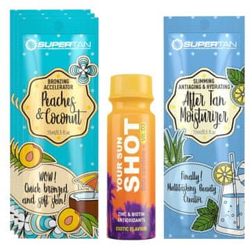 shumee Supertan Peaches & Coconut 3x 15 ml bronzer s pospeševalnikom + brezplačni izdelki