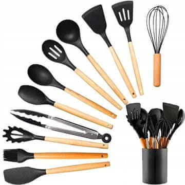 shumee SILIKONSKI kuhinjski pribor Pribor Set 12 kosov LESENI ročaj
