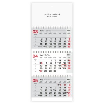 PIGO Koledar stenski 3-delni posloven špirala sivo-rdeč 2026