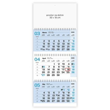 PIGO Koledar stenski 3-delni posloven špirala svetlo moder 2026