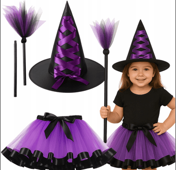 Korbi Čarovniški komplet za pustni ples – klobuk, metla in tutu krilo, 3-delni set