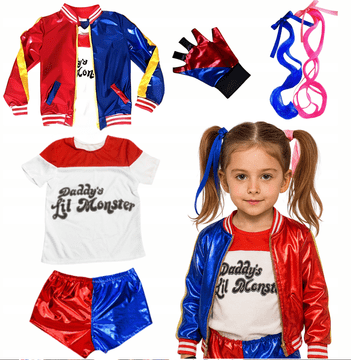 Korbi Kostum Harley Quinn za Deklice – 5-delni Komplet z Lasuljo | Pustni Ples, Noč Čarovnic ali Igra Vlog!