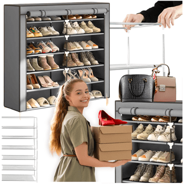 shumee Tekstilna omarica za čevlje, 6 nivojev, prostorna, kovinska polica, sivo ogrodje