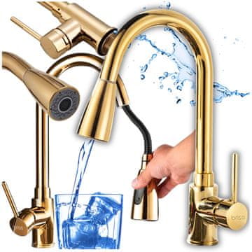 shumee Samostoječa, premična kuhinjska pipa z izvlečnim zlatim izlivom in fleksibilno cevjo