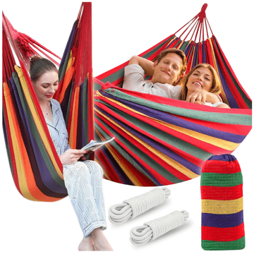 shumee Trpežna dvojna viseča mreža velika XXL boho gugalnica 2 v 1 bombaž 290 cm DVOJNA VISEČA MODRA