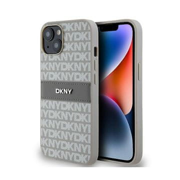 DKNY Usnjen ovitek DKNY z enobarvnimi črtami in kovinskim logotipom – iPhone 14 / 15 / 13 (bež)