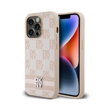 DKNY DKNY usnjen ovitek z enobarvnim karo vzorcem in potiskanimi črtami – iPhone 14 Pro (roza)