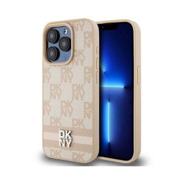 DKNY DKNY usnjen ovitek z enobarvnim karirastim vzorcem in potiskanimi črtami – iPhone 15 Pro (roza)