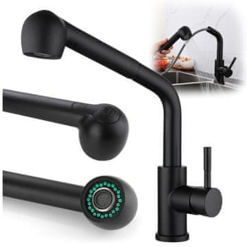 shumee Kuhinjska pipa z izvlečnim izlivom 360°, črna, prostostoječa, za pomivalno korito