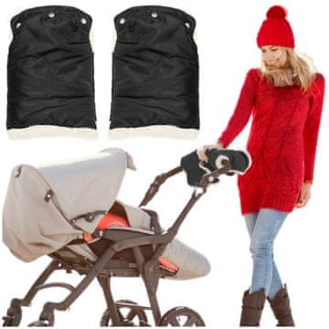 shumee Črne krznene rokavice za voziček, sani, izolirane za zimo