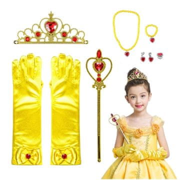 shumee Komplet kostuma princese Bella rumeno zlate barve - krona, žezlo, rokavice, 7 kosov
