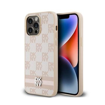 DKNY Usnjen ovitek DKNY z enobarvnim karo vzorcem in potiskanimi črtami – iPhone 14 Pro Max (roza)