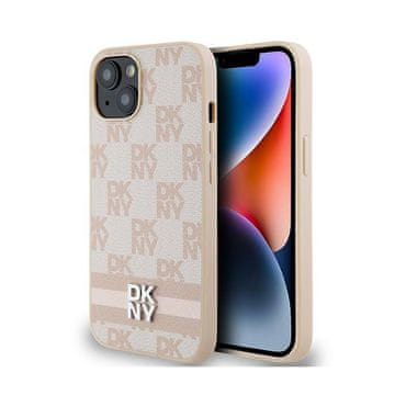 DKNY DKNY usnjen ovitek z enobarvnim karo vzorcem in potiskanimi črtami – iPhone 15 / 14 / 13 (roza)