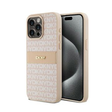 DKNY Ovitek DKNY iz usnja z enobarvnimi črtami in kovinskim logotipom – iPhone 15 Pro Max (roza)